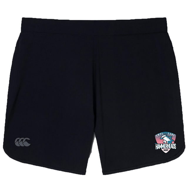 The SWFL Lady Hammerheads Women's Elite Woven Short by WRS Canterbury features a small "Canterbury" logo on the left leg and a "Southland Hammerheads" team logo on the right, perfect for training or workouts.