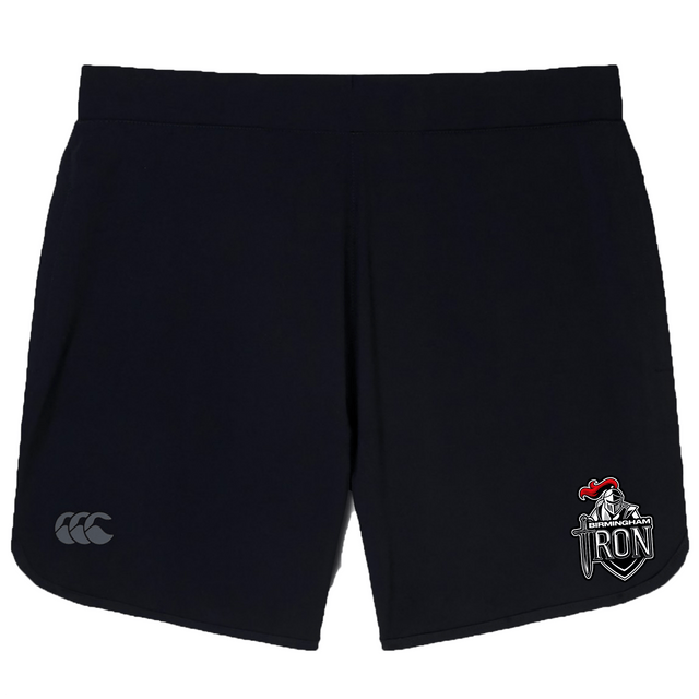 The Birmingham Iron Women's Football Elite Woven Short by EMB Canterbury features zippered pockets, a small white logo on the left leg, and a large "RDN" event logo on the right.