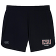 The EMB Canterbury East Stroudsburg University Women's Elite Woven Short features the Canterbury logo on the left leg, "ESU RUGBY" in red and white on the right, and zippered pockets—ideal as women's gym or training shorts.