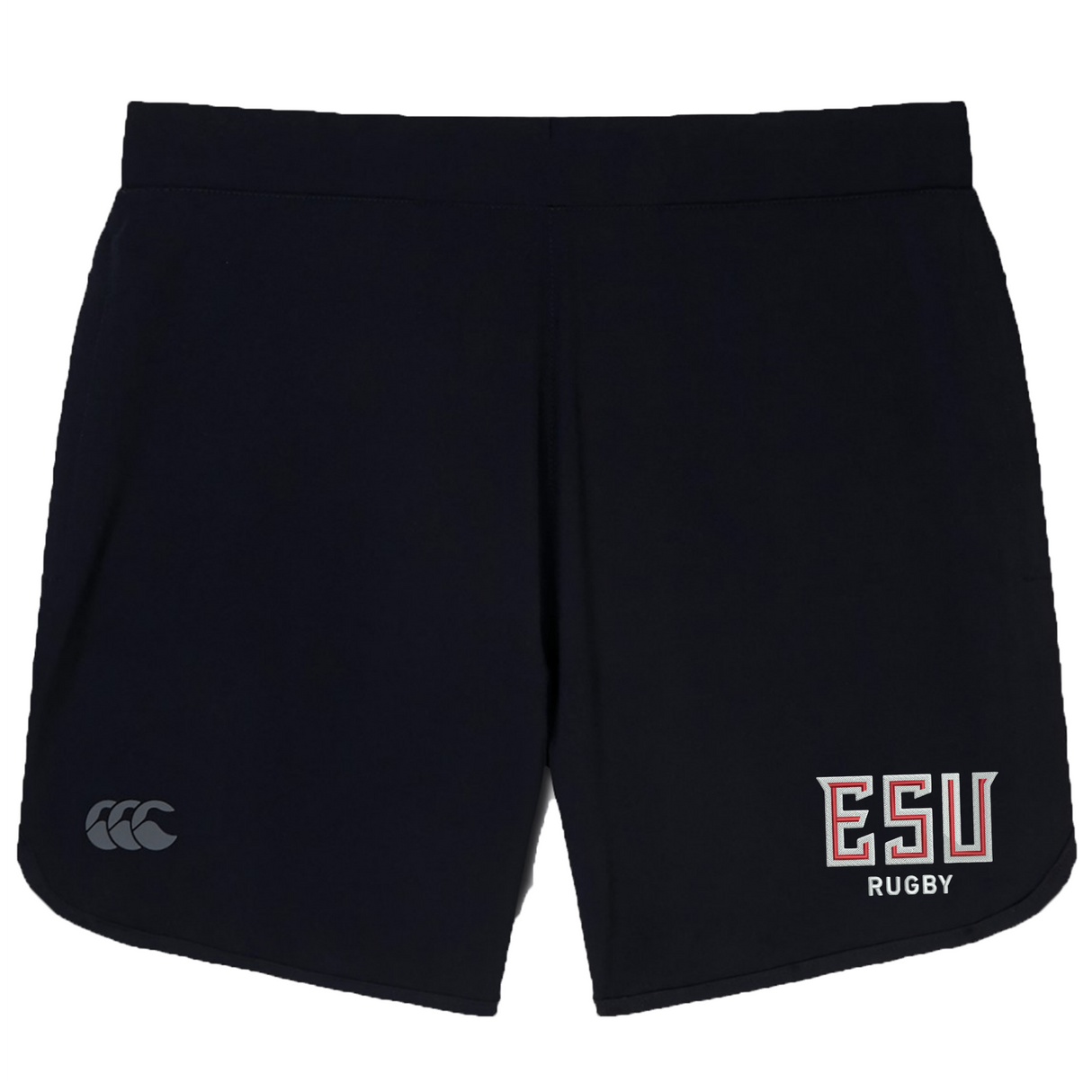 The EMB Canterbury East Stroudsburg University Women's Elite Woven Short features the Canterbury logo on the left leg, "ESU RUGBY" in red and white on the right, and zippered pockets—ideal as women's gym or training shorts.