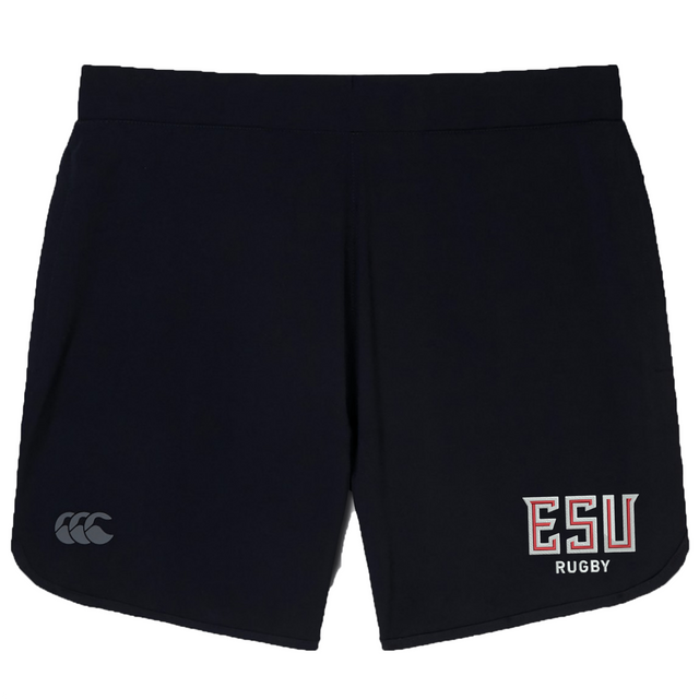 The EMB Canterbury East Stroudsburg University Women's Elite Woven Short features the Canterbury logo on the left leg, "ESU RUGBY" in red and white on the right, and zippered pockets—ideal as women's gym or training shorts.