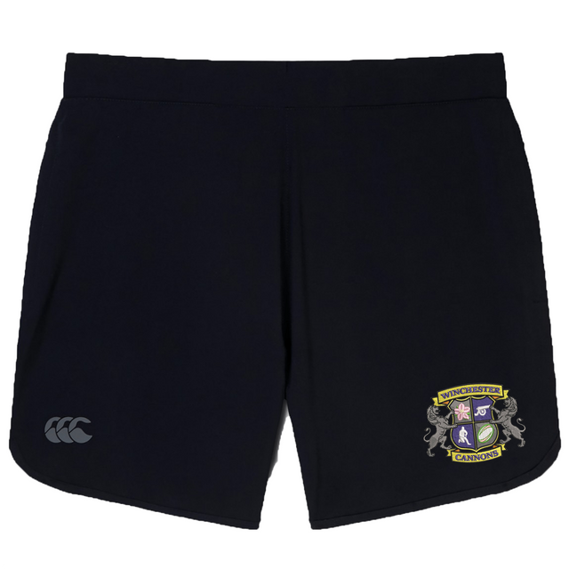 The Winchester Cannons Women's Elite Woven Short by EMB Canterbury features the team crest on the right leg and CCC logo on the left, offering style and comfort—perfect women's gym shorts.