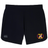 The Potomac Exiles Rugby Club Women's Elite Woven Short by Canterbury is a black athletic training short featuring a small EMB Canterbury CCC logo on the left leg and a yellow and red crest with "2014" on the right leg. Designed as a versatile women’s gym short, they also include zippered pockets for secure storage during workouts.