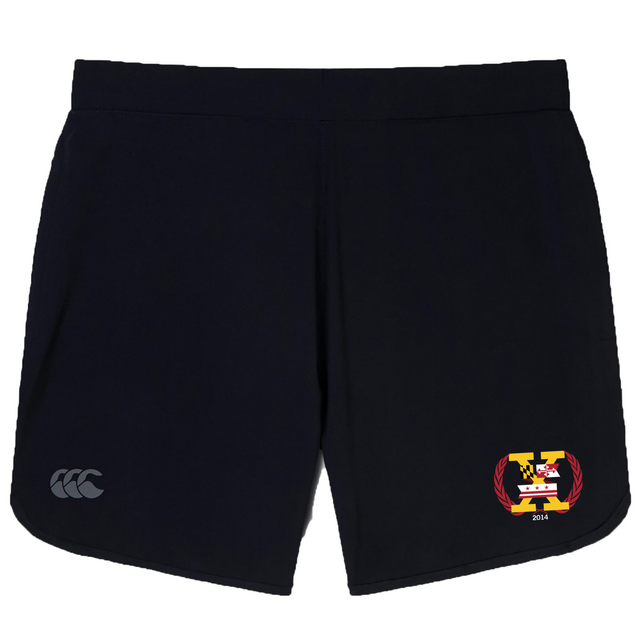 The Potomac Exiles Rugby Club Women's Elite Woven Short by Canterbury is a black athletic training short featuring a small EMB Canterbury CCC logo on the left leg and a yellow and red crest with "2014" on the right leg. Designed as a versatile women’s gym short, they also include zippered pockets for secure storage during workouts.