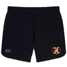 The Potomac Exiles Rugby Club Women's Elite Woven Short by Canterbury is a black athletic training short featuring a small EMB Canterbury CCC logo on the left leg and a yellow and red crest with "2014" on the right leg. Designed as a versatile women’s gym short, they also include zippered pockets for secure storage during workouts.