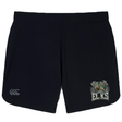 Introducing the EMB Canterbury Lewis County Elks Women’s Elite Woven Short by Canterbury: black athletic gym shorts showcasing a prominent “Lewis County Elks” logo and elk graphic on the right leg, with a small Canterbury logo on the left. Combining performance and style inspired by the classic Canterbury Women’s Elite Woven Short, these training shorts are ideal for active days or team events.