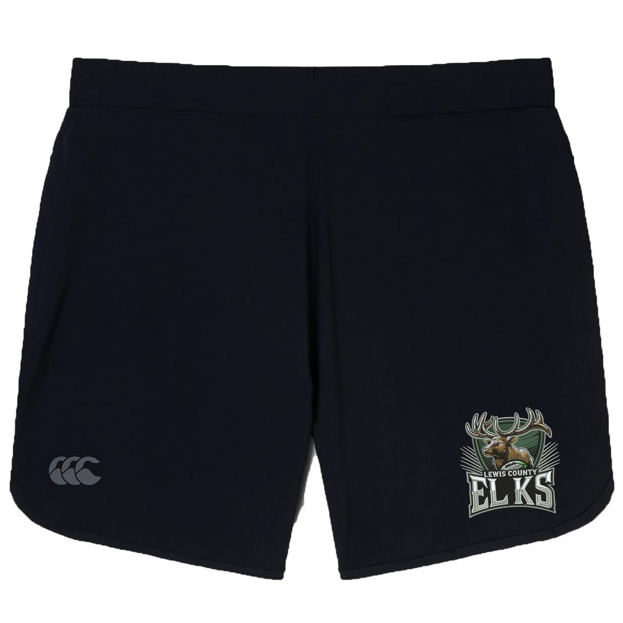 Introducing the EMB Canterbury Lewis County Elks Women’s Elite Woven Short by Canterbury: black athletic gym shorts showcasing a prominent “Lewis County Elks” logo and elk graphic on the right leg, with a small Canterbury logo on the left. Combining performance and style inspired by the classic Canterbury Women’s Elite Woven Short, these training shorts are ideal for active days or team events.