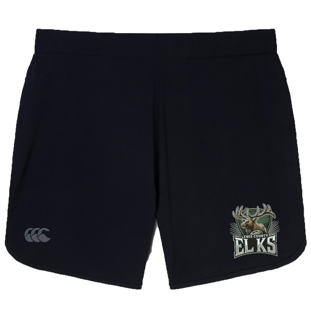 Introducing the EMB Canterbury Lewis County Elks Women’s Elite Woven Short by Canterbury: black athletic gym shorts showcasing a prominent “Lewis County Elks” logo and elk graphic on the right leg, with a small Canterbury logo on the left. Combining performance and style inspired by the classic Canterbury Women’s Elite Woven Short, these training shorts are ideal for active days or team events.