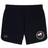The Society of Iowa Rugby Referees Women’s Elite Woven Short by Canterbury from EMB Canterbury features black athletic training shorts with the Canterbury logo on the left leg and a circular badge with pink flowers and text on the right leg—perfect for women’s gym sessions or as your go-to elite woven short.