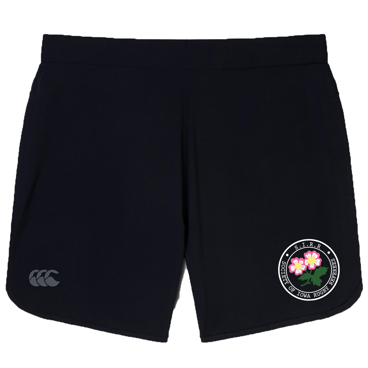 The Society of Iowa Rugby Referees Women’s Elite Woven Short by Canterbury from EMB Canterbury features black athletic training shorts with the Canterbury logo on the left leg and a circular badge with pink flowers and text on the right leg—perfect for women’s gym sessions or as your go-to elite woven short.