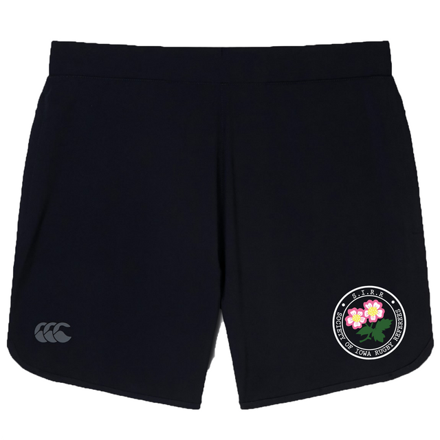The Society of Iowa Rugby Referees Women’s Elite Woven Short by Canterbury from EMB Canterbury features black athletic training shorts with the Canterbury logo on the left leg and a circular badge with pink flowers and text on the right leg—perfect for women’s gym sessions or as your go-to elite woven short.