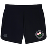 The Society of Iowa Rugby Referees Women’s Elite Woven Short by Canterbury from EMB Canterbury features black athletic training shorts with the Canterbury logo on the left leg and a circular badge with pink flowers and text on the right leg—perfect for women’s gym sessions or as your go-to elite woven short.
