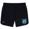 The Minneapolis Mayhem Rugby Women’s Elite Woven Short by Canterbury, from EMB Canterbury, features a black design with a white and blue Minneapolis Mayhem Rugby logo on the right leg and a small CCC logo on the left leg—perfect for both practice sessions and game days.