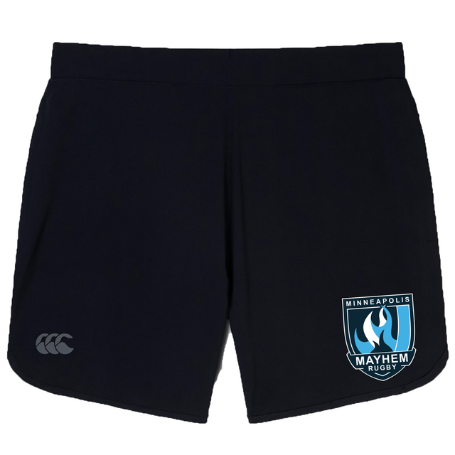 The Minneapolis Mayhem Rugby Women’s Elite Woven Short by Canterbury, from EMB Canterbury, features a black design with a white and blue Minneapolis Mayhem Rugby logo on the right leg and a small CCC logo on the left leg—perfect for both practice sessions and game days.