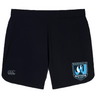 The Minneapolis Mayhem Rugby Women’s Elite Woven Short by Canterbury, from EMB Canterbury, features a black design with a white and blue Minneapolis Mayhem Rugby logo on the right leg and a small CCC logo on the left leg—perfect for both practice sessions and game days.