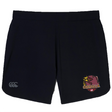 The Godzilla Rugby Football Club Women’s Elite Woven Short by EMB Canterbury features a black athletic design, with the Canterbury logo on the left leg and a Godzilla graphic along with the word “GODZILLA” on the right leg. These women’s gym shorts are equipped with convenient zippered pockets for secure storage.
