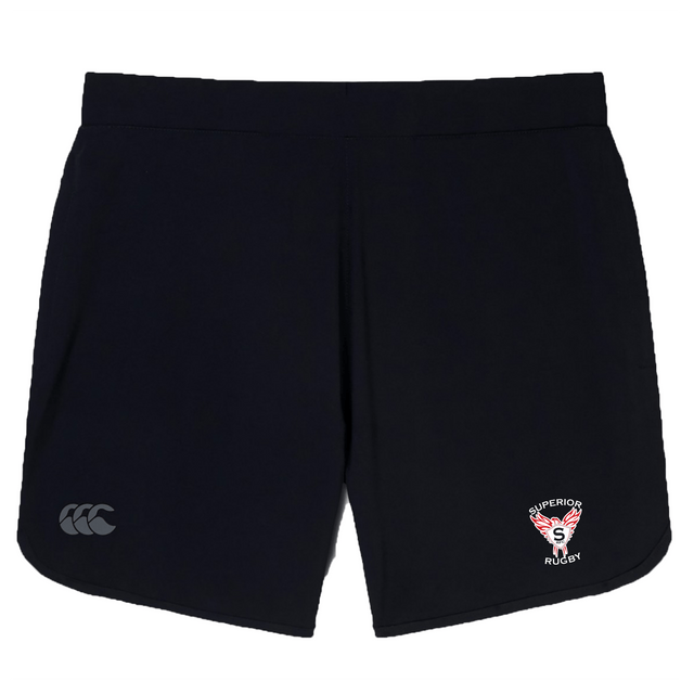 The Superior Rugby Club Women's Elite Woven Short by EMB Canterbury features the logo on the left leg and a "Superior Rugby" emblem on the right, making it perfect for your gym sessions.