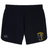 The EMB Canterbury Spartan Youth Rugby Women's Elite Woven Short features black athletic fabric, a yellow and black "Spartan Youth Rugby" logo on the right leg, white CCC logo on the left, and zippered pockets for secure storage.