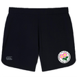 The Society of Iowa Rugby Referees Women’s Elite Woven Short by Canterbury, from EMB Canterbury, features black athletic fabric with a white patch displaying a pink flower logo and the text “Society of Iowa Rugby Referees” on the lower right leg. Zippered pockets and the signature “CCC” logo on the left combine both style and functionality for women’s gym wear.