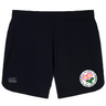 The Society of Iowa Rugby Referees Women’s Elite Woven Short by Canterbury, from EMB Canterbury, features black athletic fabric with a white patch displaying a pink flower logo and the text “Society of Iowa Rugby Referees” on the lower right leg. Zippered pockets and the signature “CCC” logo on the left combine both style and functionality for women’s gym wear.