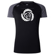 The Missoula All-Maggots Women's Elite Training Tee by WRS Canterbury is a short-sleeved, black and gray elite training shirt for women, featuring a distinctive white spiral pattern on the chest and a small logo on the right shoulder. Crafted with lightweight, moisture-wicking fabric, this tee is designed to keep you cool and comfortable throughout intense workouts.