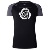 The Missoula All-Maggots Women's Elite Training Tee by WRS Canterbury is a short-sleeved, black and gray elite training shirt for women, featuring a distinctive white spiral pattern on the chest and a small logo on the right shoulder. Crafted with lightweight, moisture-wicking fabric, this tee is designed to keep you cool and comfortable throughout intense workouts.