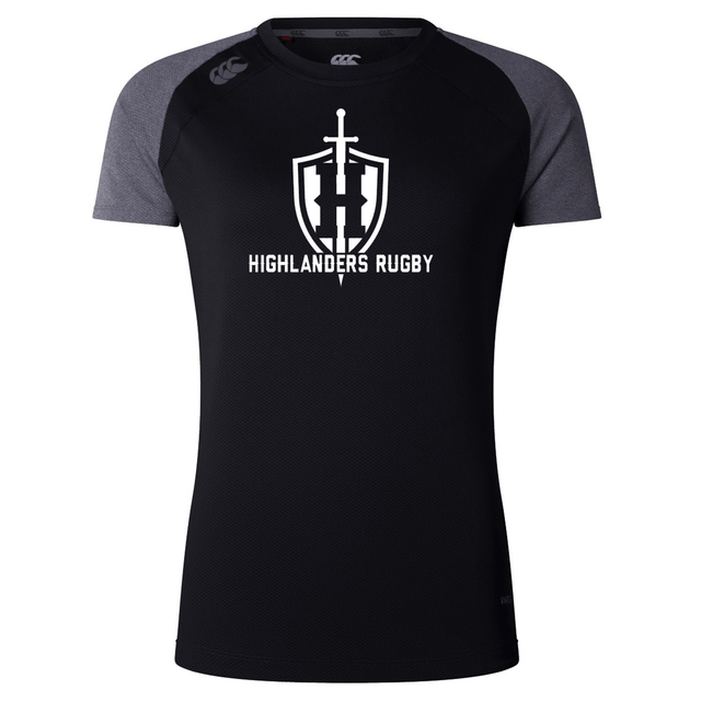 Highlanders Rugby NC Women's Elite Training Tee by WRS Canterbury features black and grey short sleeves with "Highlanders Rugby" and a sword and shield logo printed on the front, crafted from lightweight fabric.