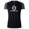 Highlanders Rugby NC Women's Elite Training Tee by WRS Canterbury features black and grey short sleeves with "Highlanders Rugby" and a sword and shield logo printed on the front, crafted from lightweight fabric.