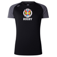 The Hampden Sydney College Women's Elite Training Tee by Canterbury, branded as WRS Canterbury, features a black body with short grey sleeves and a logo that reads "Rugby" topped with a colorful emblem. This elite training tee is crafted from lightweight fabric and incorporates Vapodri technology for enhanced performance.