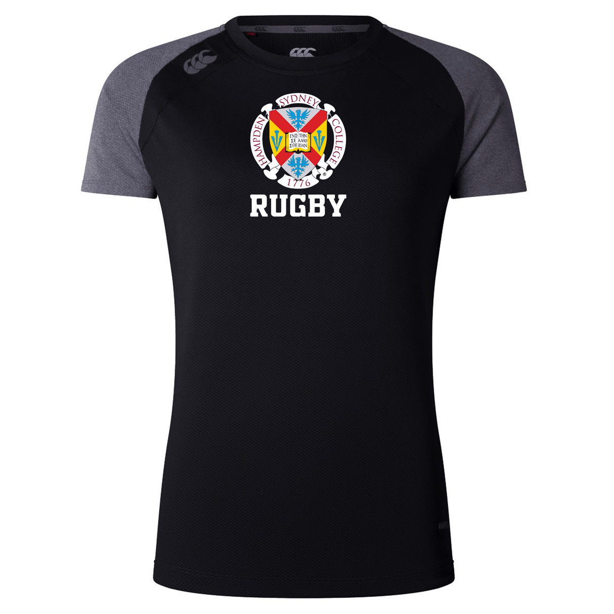 The Hampden Sydney College Women's Elite Training Tee by Canterbury, branded as WRS Canterbury, features a black body with short grey sleeves and a logo that reads "Rugby" topped with a colorful emblem. This elite training tee is crafted from lightweight fabric and incorporates Vapodri technology for enhanced performance.