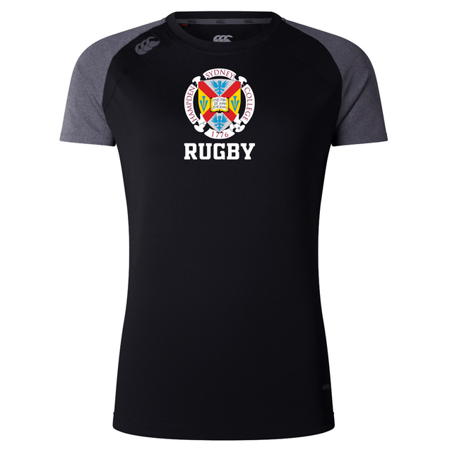 The Hampden Sydney College Women's Elite Training Tee by Canterbury, branded as WRS Canterbury, features a black body with short grey sleeves and a logo that reads "Rugby" topped with a colorful emblem. This elite training tee is crafted from lightweight fabric and incorporates Vapodri technology for enhanced performance.