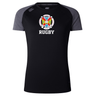 The Hampden Sydney College Women's Elite Training Tee by Canterbury, branded as WRS Canterbury, features a black body with short grey sleeves and a logo that reads "Rugby" topped with a colorful emblem. This elite training tee is crafted from lightweight fabric and incorporates Vapodri technology for enhanced performance.