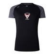 The WRS Canterbury Superior Rugby Club Women's Elite Training Tee is a black and dark gray short-sleeve workout top with a “Superior Rugby” logo and winged S emblem, designed for breathability and ultimate comfort.
