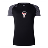 The WRS Canterbury Superior Rugby Club Women's Elite Training Tee is a black and dark gray short-sleeve workout top with a “Superior Rugby” logo and winged S emblem, designed for breathability and ultimate comfort.