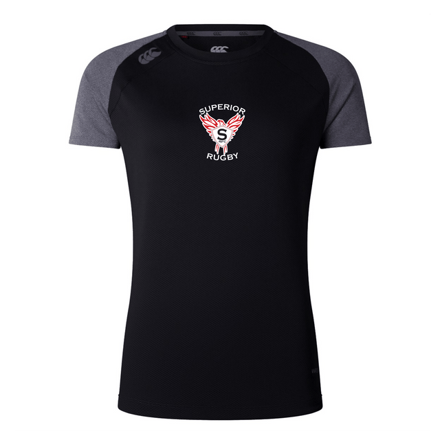 The WRS Canterbury Superior Rugby Club Women's Elite Training Tee is a black and dark gray short-sleeve workout top with a “Superior Rugby” logo and winged S emblem, designed for breathability and ultimate comfort.