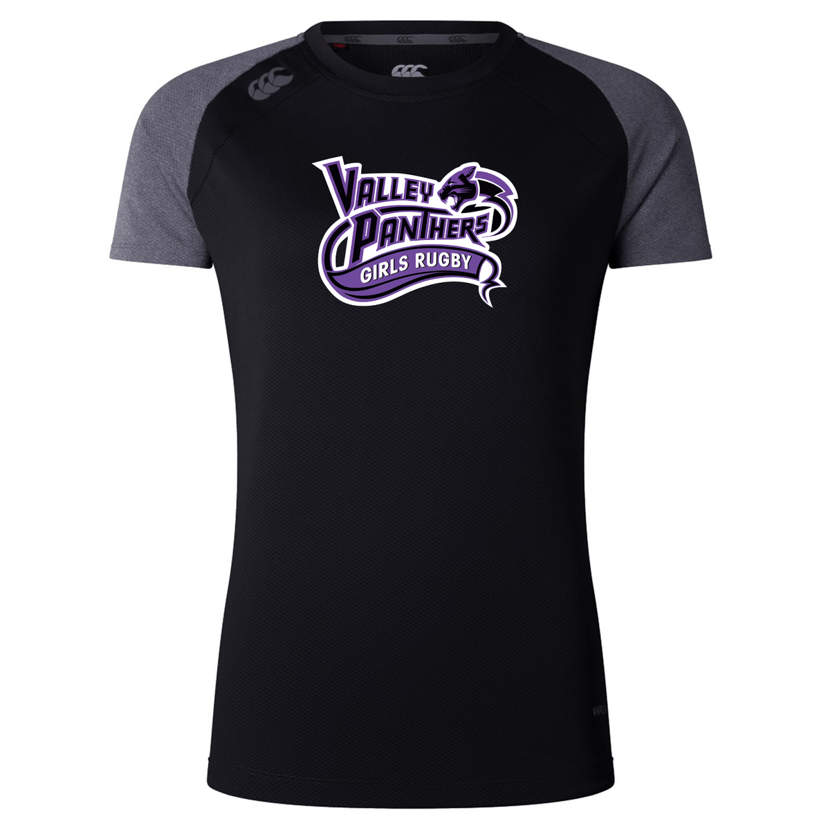 The Valley Panthers Girls Rugby Women’s Elite Training Tee by Canterbury from WRS Canterbury is a black and gray short-sleeve performance shirt featuring a purple and white “Valley Panthers Girls Rugby” logo on the chest. Designed with moisture-wicking technology, this lightweight tee keeps you cool and comfortable during workouts.