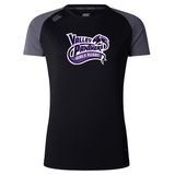 The Valley Panthers Girls Rugby Women’s Elite Training Tee by Canterbury from WRS Canterbury is a black and gray short-sleeve performance shirt featuring a purple and white “Valley Panthers Girls Rugby” logo on the chest. Designed with moisture-wicking technology, this lightweight tee keeps you cool and comfortable during workouts.