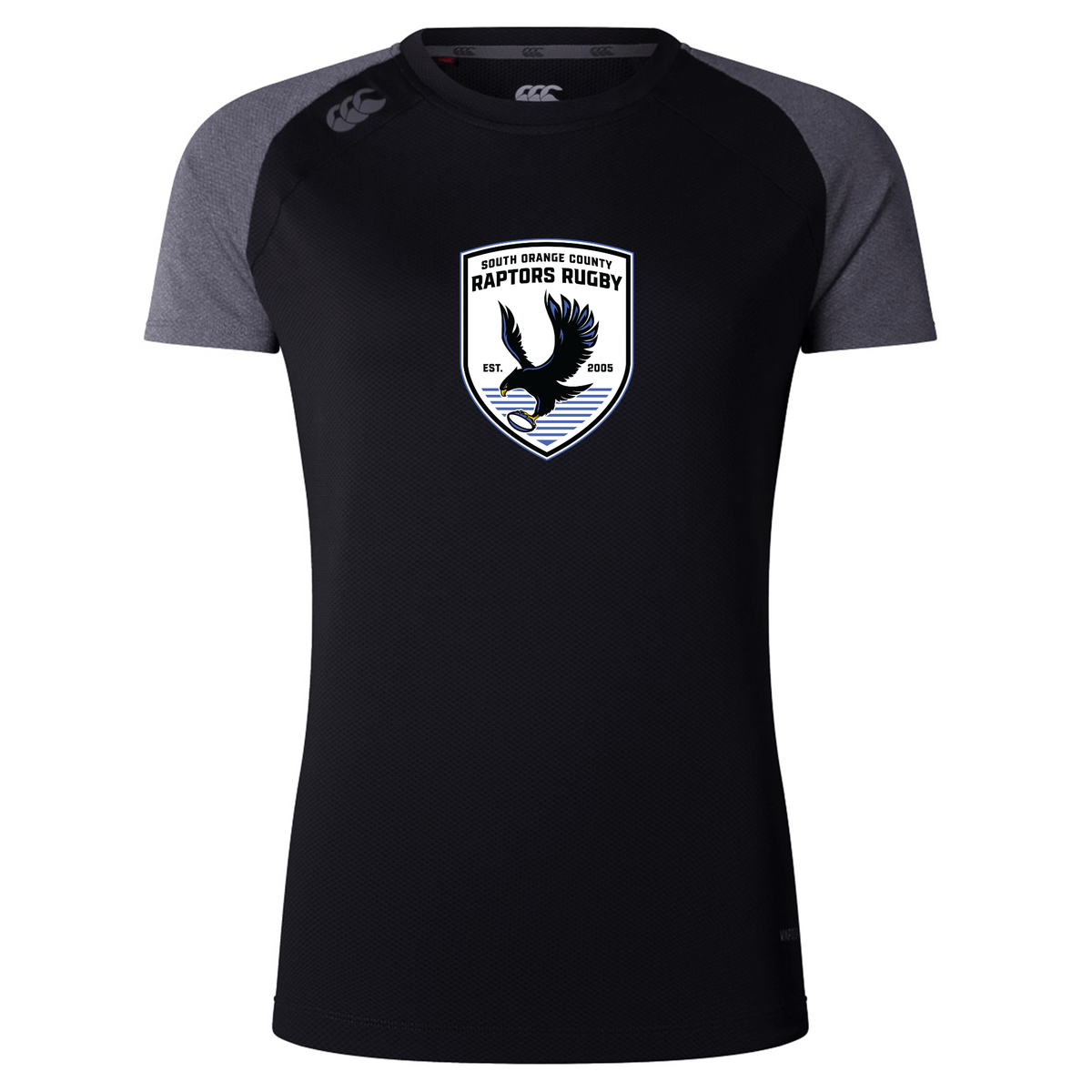 The South Orange County Raptors Women’s Elite Training Tee by Canterbury from WRS Canterbury features a black design with dark gray short sleeves and a striking “South Orange County Raptors Rugby” crest displaying a raptor and waves on the chest. Made from moisture-wicking fabric, this workout top keeps you cool and comfortable during training or while supporting your team from the sidelines.