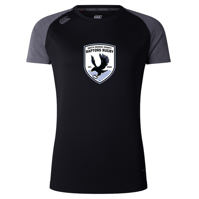 The South Orange County Raptors Women’s Elite Training Tee by Canterbury from WRS Canterbury features a black design with dark gray short sleeves and a striking “South Orange County Raptors Rugby” crest displaying a raptor and waves on the chest. Made from moisture-wicking fabric, this workout top keeps you cool and comfortable during training or while supporting your team from the sidelines.