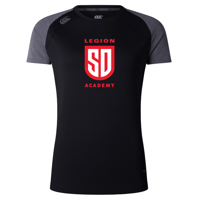 Legion Academy Women’s Elite Training Tee by Canterbury in black and grey, featuring “LEGION SD ACADEMY” printed in red on the chest.