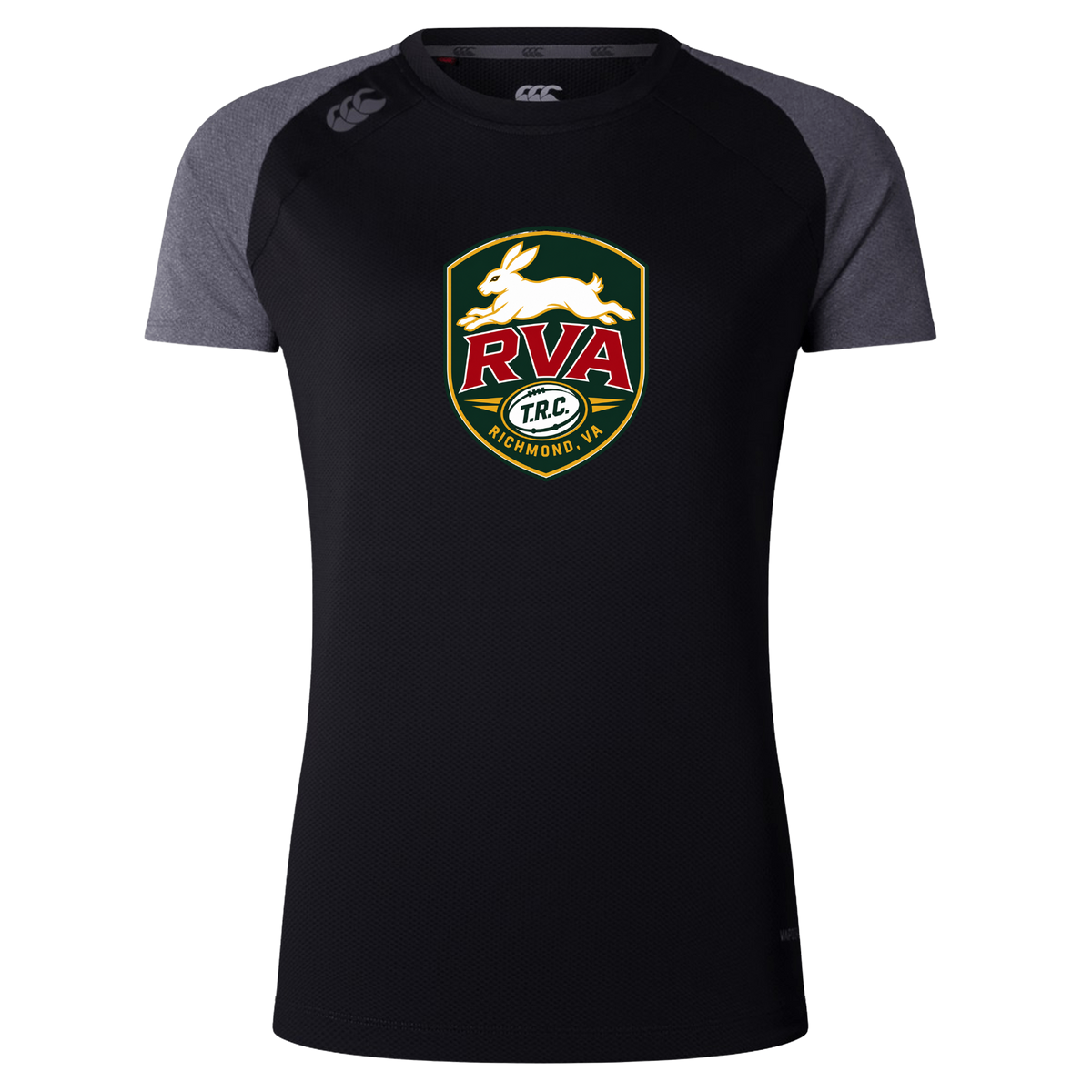 The WRS Canterbury RVA T.R.C. Women’s Elite Training Tee by Canterbury is a black and gray short-sleeve athletic shirt featuring a rabbit and “RVA Richmond, VA” logo on the front. Designed for elite training, this tee offers moisture-wicking properties to keep you cool and comfortable during every workout.