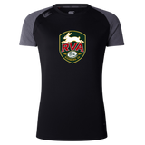 The WRS Canterbury RVA T.R.C. Women’s Elite Training Tee by Canterbury is a black and gray short-sleeve athletic shirt featuring a rabbit and “RVA Richmond, VA” logo on the front. Designed for elite training, this tee offers moisture-wicking properties to keep you cool and comfortable during every workout.