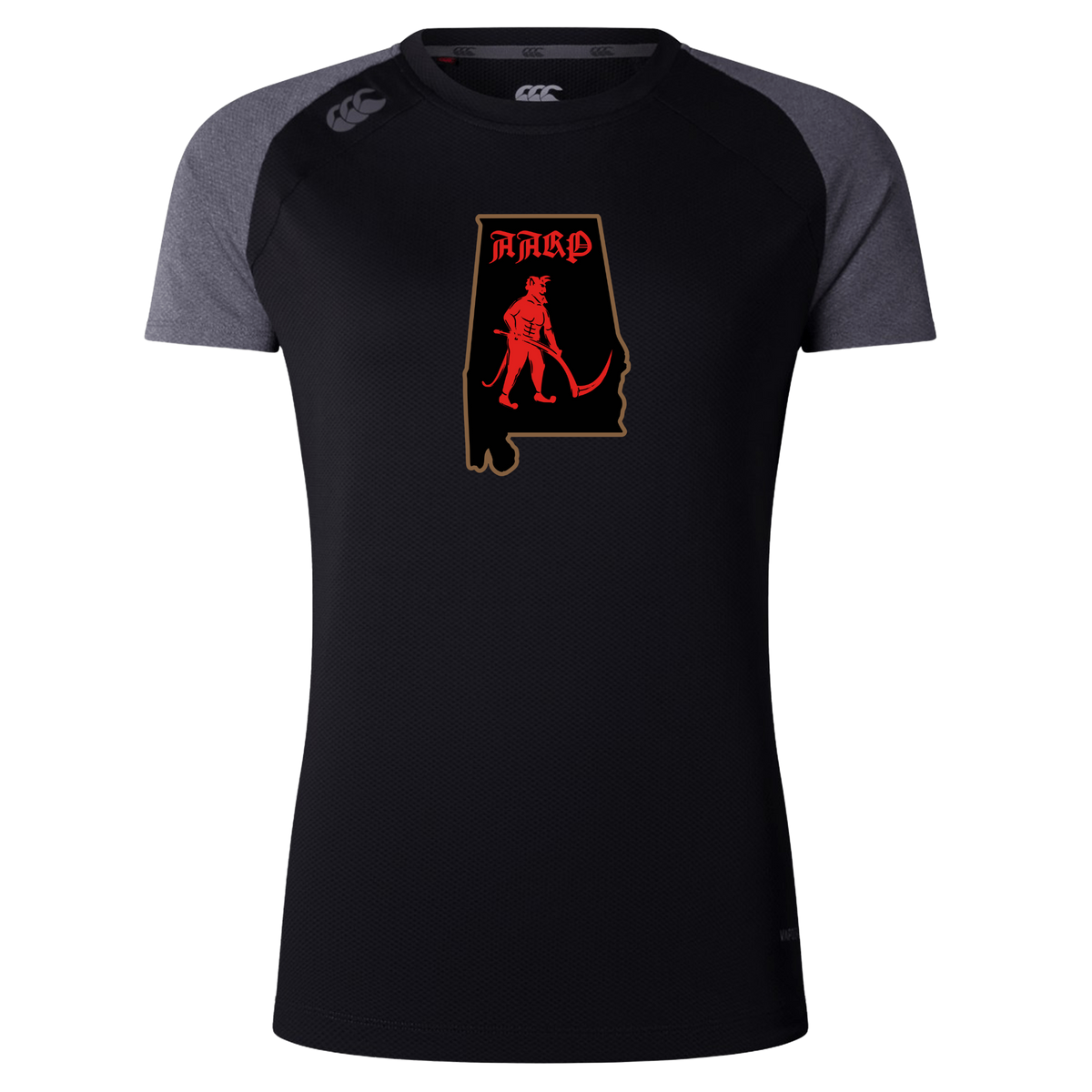 Aging Alabama Rugby Players Women’s Elite Training Tee by Canterbury featuring a black graphic of the state of Alabama containing a red devil with a scythe and the text “HARD”.