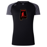 Aging Alabama Rugby Players Women’s Elite Training Tee by Canterbury featuring a black graphic of the state of Alabama containing a red devil with a scythe and the text “HARD”.