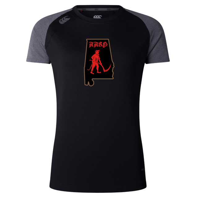 Aging Alabama Rugby Players Women’s Elite Training Tee by Canterbury featuring a black graphic of the state of Alabama containing a red devil with a scythe and the text “HARD”.