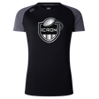ICRON Women’s Elite Training Tee by Canterbury featuring grey raglan sleeves, a black torso, and a silver rugby ball graphic with “ICRON” text inside a shield.