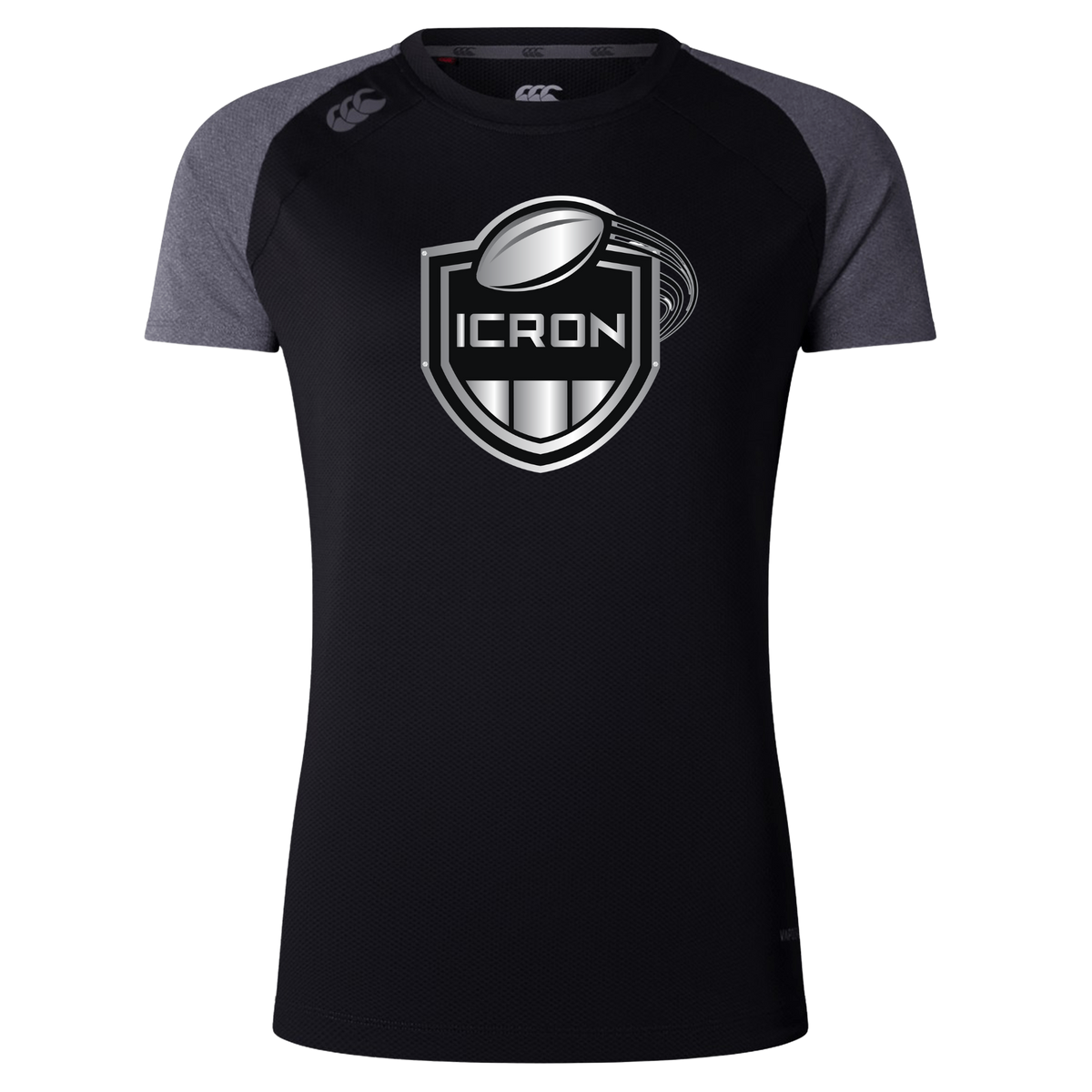 ICRON Women’s Elite Training Tee by Canterbury featuring grey raglan sleeves, a black torso, and a silver rugby ball graphic with “ICRON” text inside a shield.