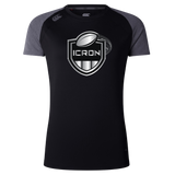 ICRON Women’s Elite Training Tee by Canterbury featuring grey raglan sleeves, a black torso, and a silver rugby ball graphic with “ICRON” text inside a shield.