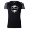 ICRON Women’s Elite Training Tee by Canterbury featuring grey raglan sleeves, a black torso, and a silver rugby ball graphic with “ICRON” text inside a shield.