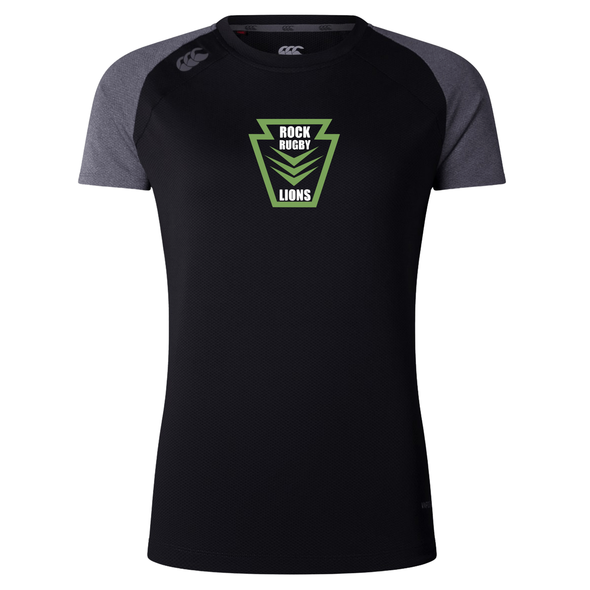 Rock Rugby Women’s Elite Training Tee by Canterbury in black moisture-wicking fabric with grey raglan sleeves and a green “Rock Rugby Lions” chest graphic.